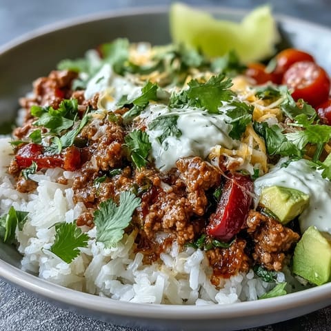 Freshly cooked ground turkey with taco seasoning is spooned over fluffy white rice in a colorful Turkey Taco Bowl.