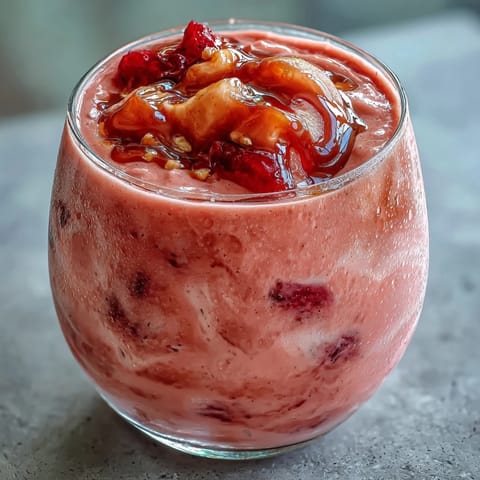 A close-up of a blender pitcher pouring Guava Juice Smoothie beside sliced guava and honey.
