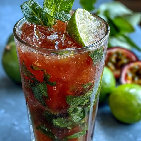 A vibrant guava mojito with pink nectar, muddled mint, and fresh lime wedges resting on a chilled highball glass.