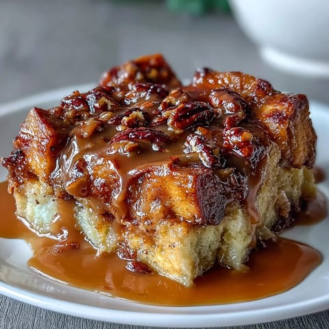 Warm Guava Caramel Bread Pudding With Pecans is baked golden in a dish, drizzled with extra sauce.