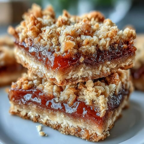 Freshly baked Guava Jam Bars with Coconut Macadamia Oat Crumble showing a chewy golden texture and sticky pink guava filling.