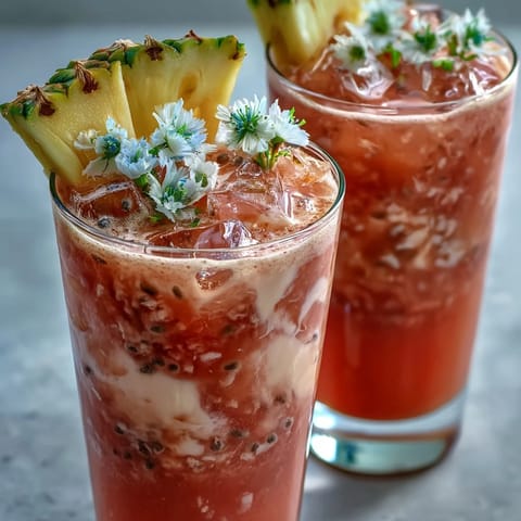 Frosted glasses of Iced Guava Passionfruit Drink glisten with tropical condensation, garnished with fresh pineapple wedges.