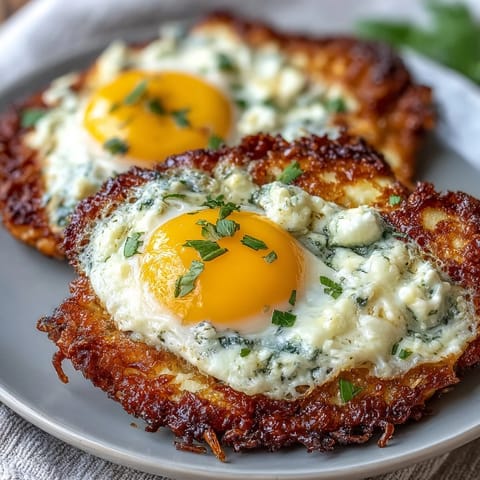 Two Crispy Feta Fried Eggs are served on buttery toast, garnished with parsley, ready for a savory Mediterranean breakfast.