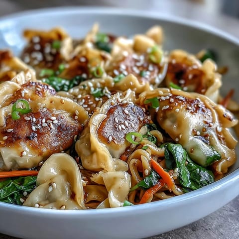 Bowl of savory Potsticker Noodle Bowls topped with sliced green onions and sesame seeds next to chopsticks.