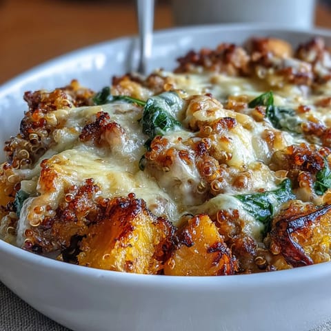 Golden-brown Cozy Butternut Squash & Sausage Casserole bubbling with melted mozzarella, fresh parsley garnish, served in a white dish.