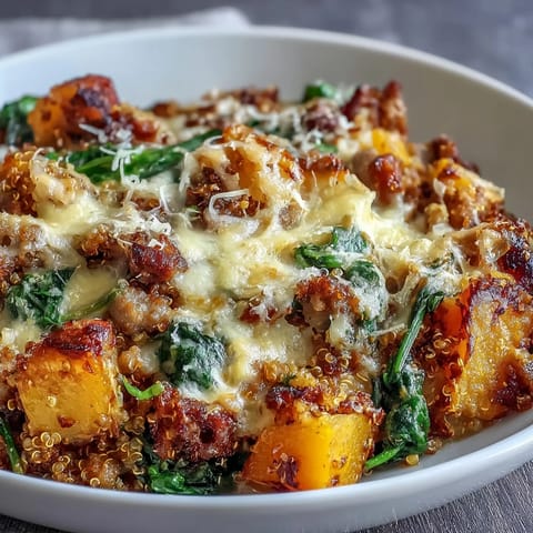 A generous scoop of Cozy Butternut Squash & Sausage Casserole reveals layers of roasted squash, quinoa, and savory sausage.