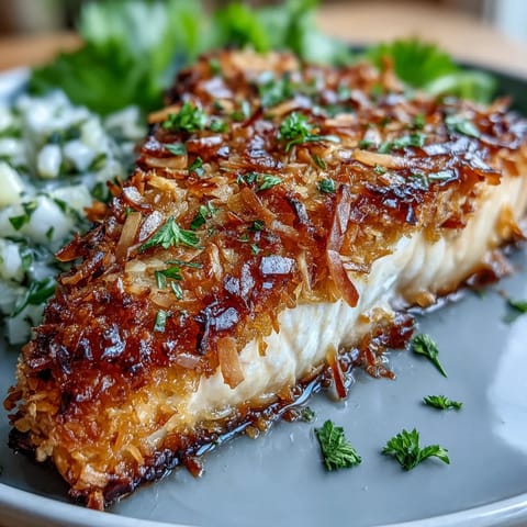 Four golden-brown Coconut Crusted Salmon fillets with Pineapple Salsa and a drizzle of lime crema on a white plate.