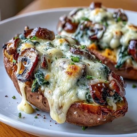 A close-up of baked sweet potatoes filled with creamy mushroom and spinach, served on a rustic plate.
