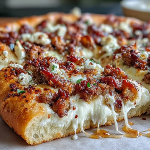 Fresh parsley garnishes two slices of this savory and sweet Hot Sausage Feta Honey Pizza on a rustic cutting board.