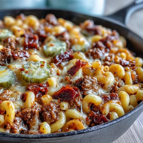 One-Pan Cheeseburger Chili Mac served in a rustic bowl with extra pickles beside a colorful side salad.