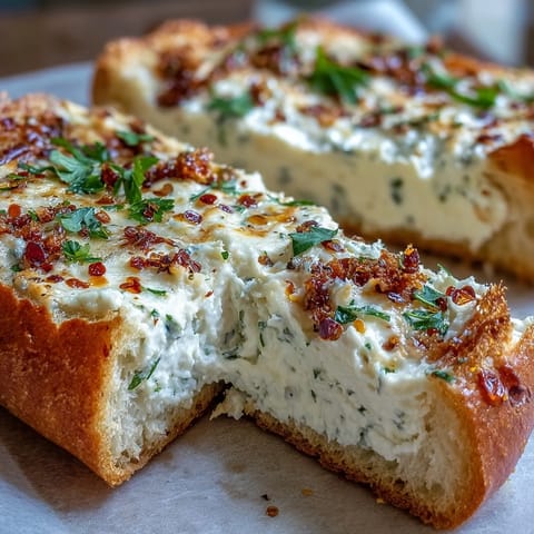 Freshly baked Hot Honey Ricotta Garlic Bread with golden, bubbly cheese and a glossy red pepper honey drizzle.
