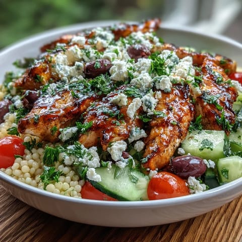 Mediterranean Pearl Couscous Chicken Bowls with grilled strips, feta, and zesty dressing served in a bowl.