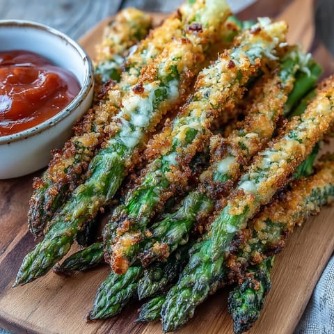 Golden-brown Crispy Chili-Garlic Asparagus Fries are arranged on a plate next to a small bowl of creamy pink sriracha mayo.
