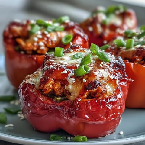 Fresh green onions and sesame seeds garnish the cheesy, spiced stuffed peppers.