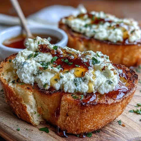 A close-up of baked Hot Honey Ricotta Garlic Bread drizzled with spicy honey, served warm on a rustic wooden board.