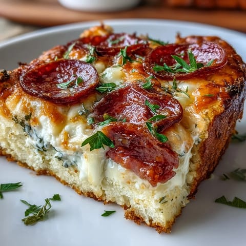 Freshly baked High-Protein Pizza Breakfast Casserole topped with golden melted mozzarella and savory turkey pepperoni slices.