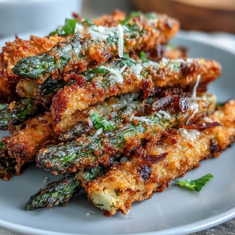 Freshly baked Crispy Chili-Garlic Asparagus Fries offer a crunchy breadcrumb texture and a vibrant green center on a plate.