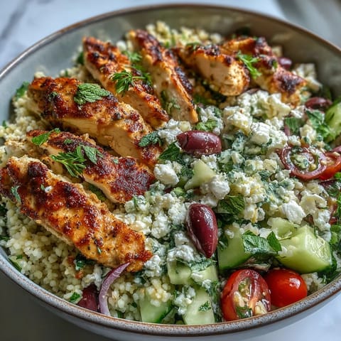 Freshly grilled lemon-oregano chicken strips with crumbled feta are served over a vibrant Mediterranean pearl couscous salad with cucumbers and tomatoes.