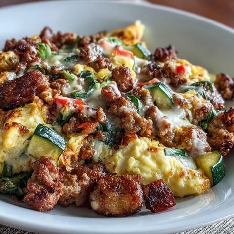 Savory low-carb breakfast featuring sausage, zucchini, and spinach in a creamy egg scramble.  