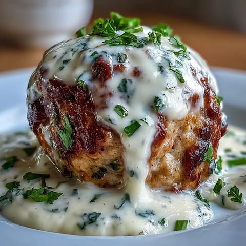 Oven-baked turkey meatballs seasoned with ranch, coated in velvety garlic cream sauce for a comforting, hearty main dish.  