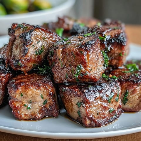 Keto Lemon Garlic Butter Steak Bites with Roasted Brussels Sprouts sizzling in a skillet with golden caramelized edges.  