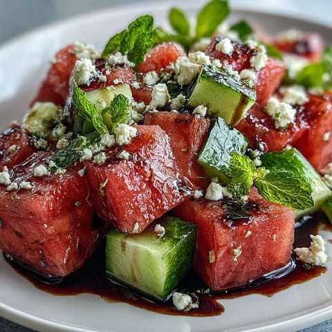 A colorful watermelon feta cucumber salad with fresh mint and tangy feta, drizzled with balsamic glaze for a sweet and savory summer dish.  
