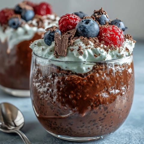 Creamy chocolate chia pudding and airy coconut whip create a luscious parfait dessert garnished with toasted coconut and vibrant berries.  