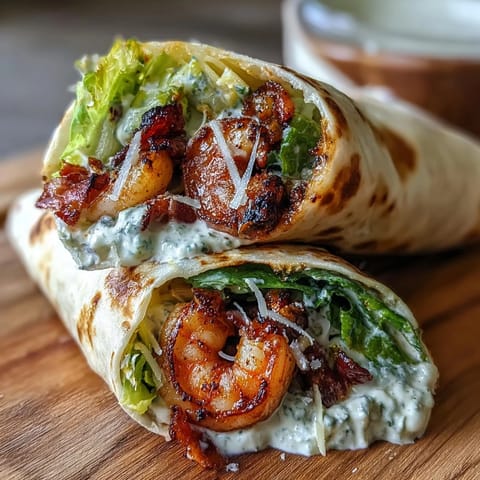Tender grilled shrimp nestled in crisp romaine lettuce with Parmesan and Caesar dressing, wrapped in a warm tortilla for a fresh and satisfying meal.  
