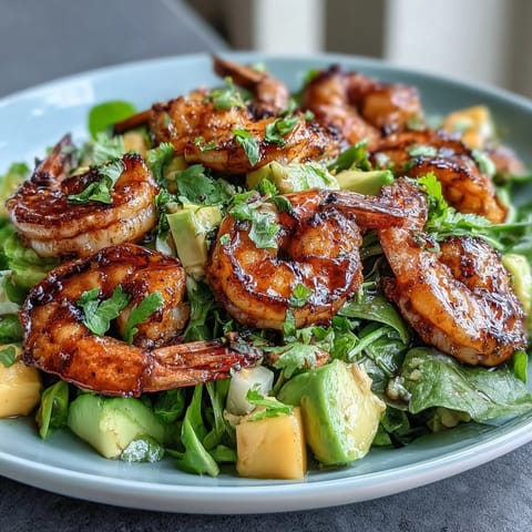 Colorful summer salad featuring grilled shrimp, fresh mango, and avocado, drizzled with a zesty chili-lime dressing for a refreshing meal.  
