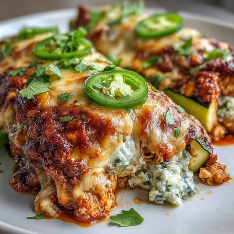 Low-carb Mexican-inspired zucchini boats loaded with savory chicken enchilada filling, topped with gooey melted cheese for a keto-friendly dinner.  