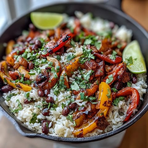 One-pan vegan fajita rice skillet with colorful peppers and black beans, served in a cast iron skillet with fresh cilantro garnish.  