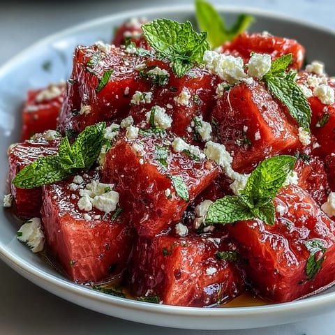 Vibrant watermelon feta mint salad with juicy cubes, creamy cheese, and fresh mint, perfect for summer gatherings.