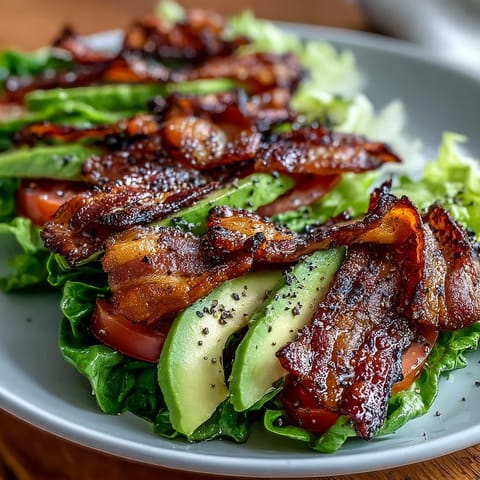 Keto BLT Lettuce Wraps with Garlic Mayo and Cracked Pepper on a white plate, showcasing crispy bacon, ripe avocado, and juicy tomato wrapped in fresh romaine.