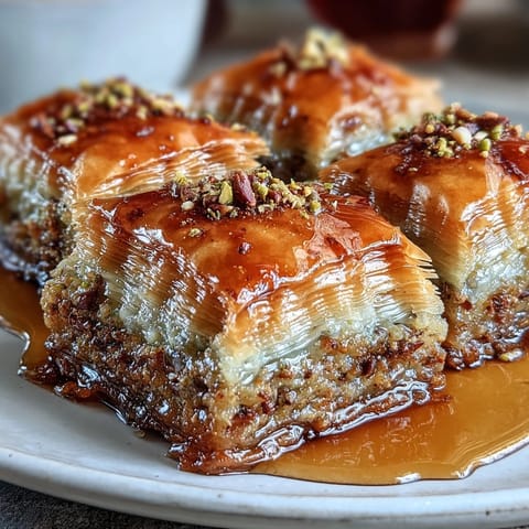 A tray of crispy, buttery baklava cut into diamond shapes, showcasing the rich pistachio filling and glistening honey glaze.  