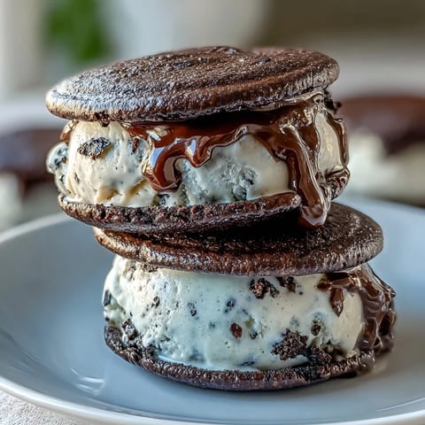 A creamy scoop of black sesame ice cream nestled between two chewy black sesame cookies for a nutty, rich dessert treat.