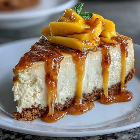 Slices of tropical mango cheesecake on a white plate, featuring a smooth cream cheese filling marbled with vibrant mango puree.  