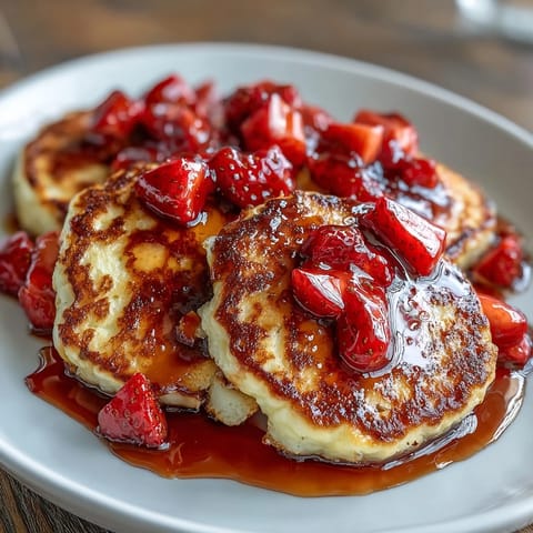 Fluffy cottage cheese pancakes topped with a vibrant, homemade strawberry syrup for a protein-rich breakfast.