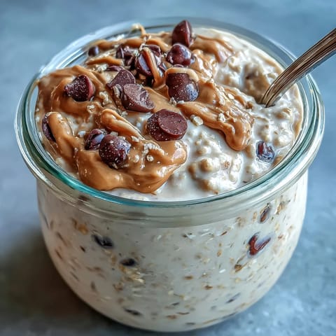 A jar of overnight oats layered with creamy peanut butter, chocolate chips, and fresh banana slices for a delicious breakfast treat.