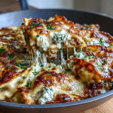 Savory dumpling lasagna skillet layered with ground turkey, cabbage, and melted cheese for a comforting one-pan meal.  