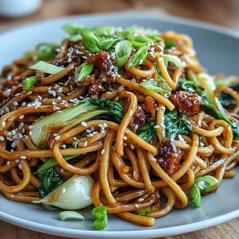 Aromatic Asian ginger scallion noodles tossed with sautéed greens in a savory, fragrant sauce.  