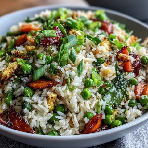 Vibrant veggie-packed fried rice with spring peas, carrots, and colorful vegetables, perfect for a healthy vegetarian meal.  