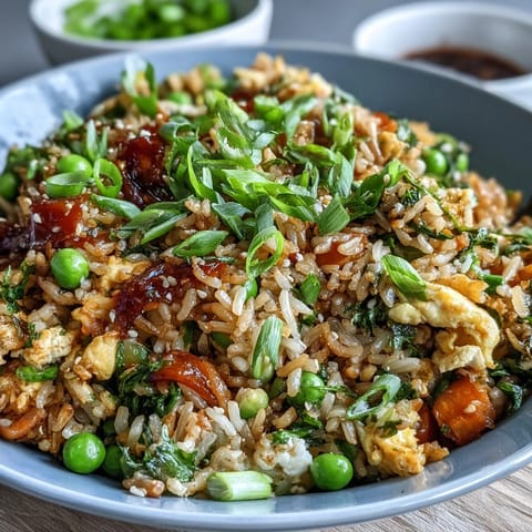 Healthy spring vegetable fried rice loaded with peas, carrots, and bell peppers, tossed with savory soy sauce and sesame oil.  