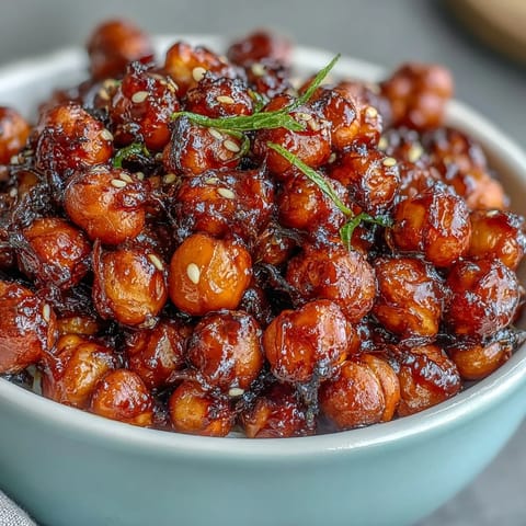 Crispy chickpeas in spicy chili-garlic sauce served over fluffy jasmine rice in a vibrant vegan bowl.  