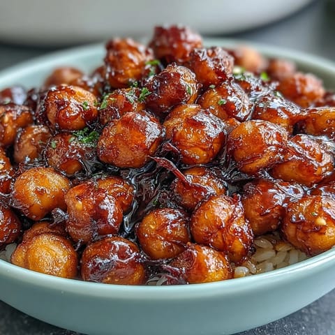 Golden roasted chickpeas tossed with bold chili-garlic glaze, plated over fragrant jasmine rice for a plant-based dinner.  
