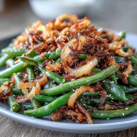 Crispy sesame garlic green beans with golden fried onions make a savory vegetarian side dish bursting with flavor.  