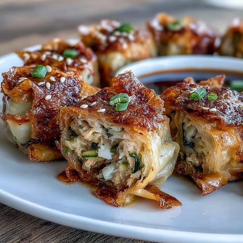 Golden-crisp rice paper dumpling bites filled with juicy chicken and colorful vegetables, perfect for gluten-free appetizers.  