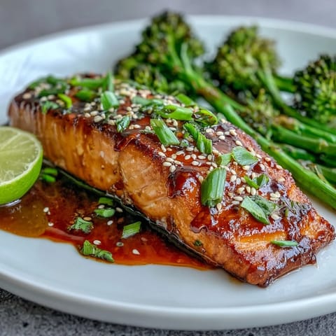 Succulent honey soy glazed salmon fillets roasted to perfection and served over crisp sesame broccoli.  