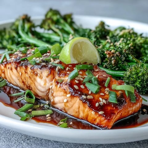 Sweet and savory Asian-inspired salmon dish with honey-soy glaze, paired with tender broccoli tossed in sesame oil.  