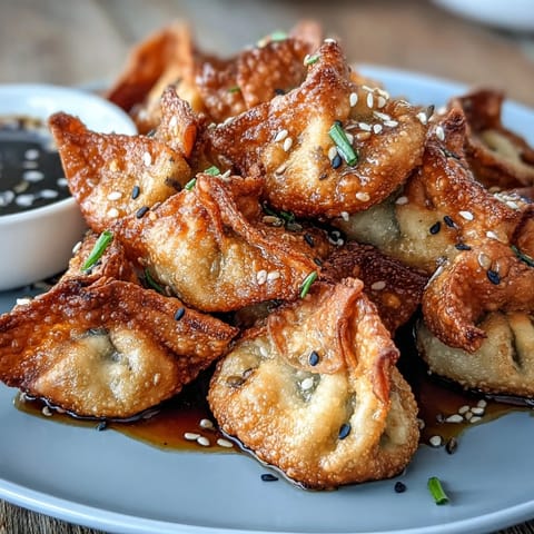 Crispy air fryer dumplings with savory filling, golden and crunchy, served alongside a tangy soy ginger dipping sauce for a perfect appetizer.  