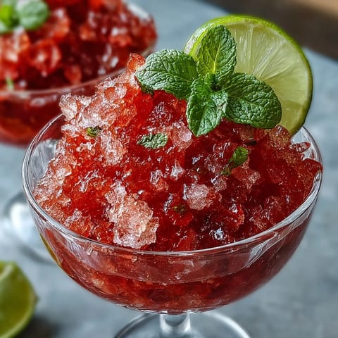 A vibrant strawberry lime daiquiri granita served in elegant cups with fresh mint and strawberry slices.  
